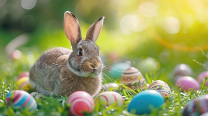 Fototapeta na wymiar happy bunny with many easter eggs on grass festive background
