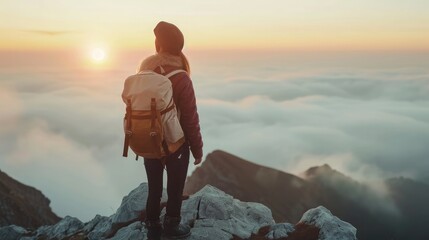 Hipster young girl with backpack enjoying sunset on peak of foggy mountain. Tourist traveler on background view mockup. Hiker looking sunlight - obrazy, fototapety, plakaty