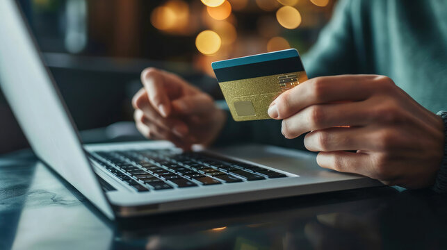 Hands holding credit card and using laptop. Online shopping - Powered by Adobe