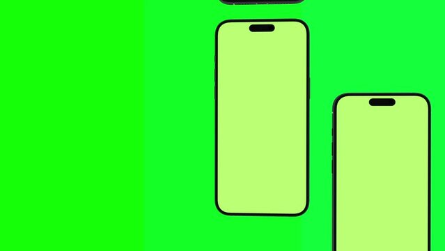 Mobile Phone Pattern with Green Screen on green background with alpha channel flat lay . Group of Smartphone Moving Vertically. Brand Identity, Business Cells Advertising and Social Posts