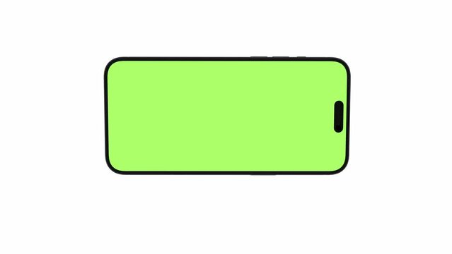 Mobile phone with blank green screen, front view, isolated on white background with alpha channel. 4K animation with camera track motion for presentation on mockup screen