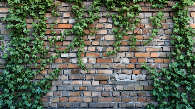 Ivy brick wall texture background. Old brick blocks wall and green creeper, ancient bricks fence, retro stonewall with copy space © buraratn