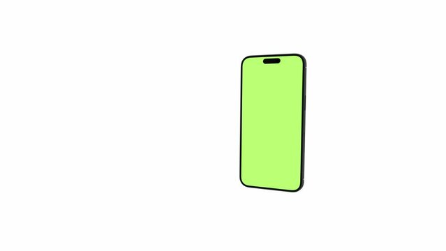Mobile phone with blank green screen, front view, isolated on white background with alpha channel. 4K animation with camera track motion for presentation on mockup screen