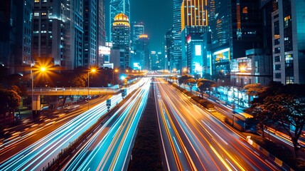 Fototapeta na wymiar Long exposure photo, traffic on a bustling city during nighttime.