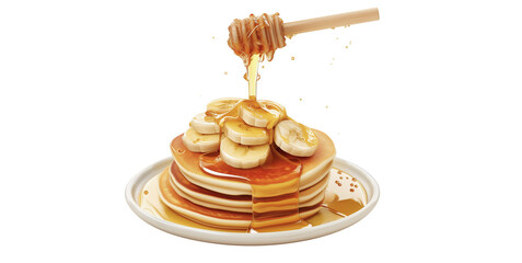 Banana pancakes sprinkled with honey are arranged on a plate on a white background