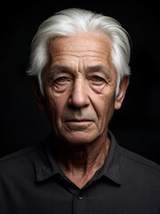 The face of an old man. White hair. Closeup, isolated black background