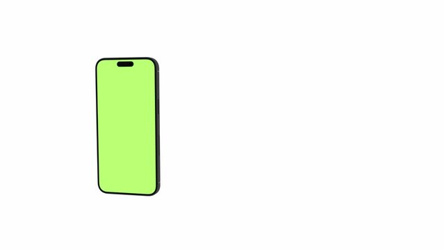 Mobile phone with blank green screen, front view, isolated on white background with alpha channel. 4K animation with camera track motion for presentation on mockup screen