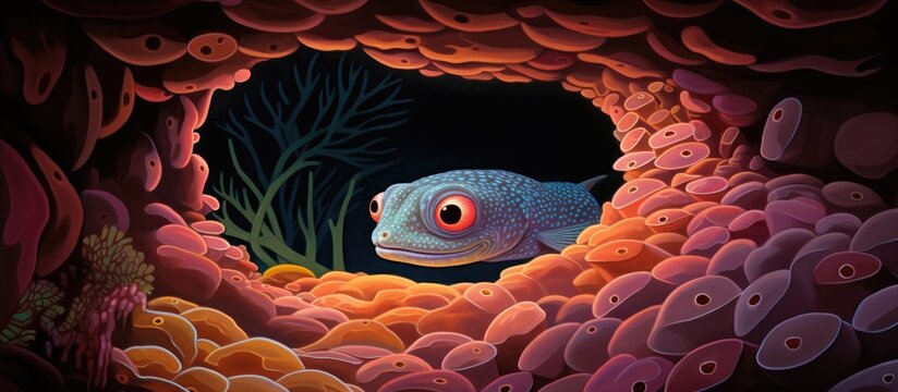 Eel peeks through coral reef hole.