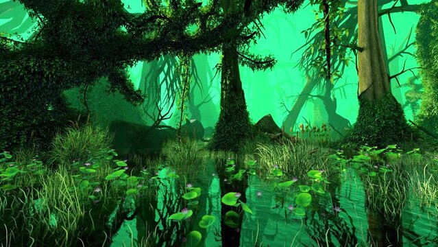 Tropical Swamp With Different Types Of Plants. Animation on the theme of nature and ecology, tourism and 3D graphics, plants and climate.