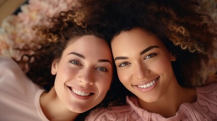 Two young women with curly hair smiling at the camera