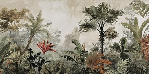 Watercolor pattern wallpaper. Painting of a jungle landscape.