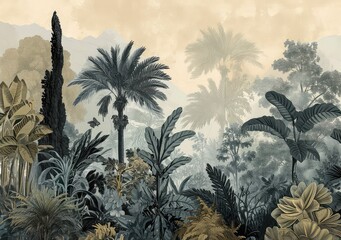 Watercolor pattern wallpaper. Painting of a jungle landscape.