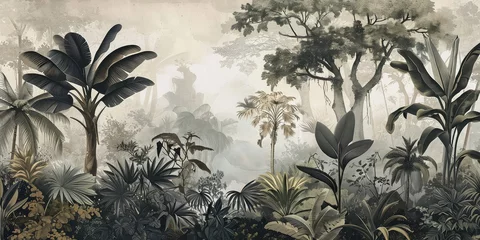 Foto op Aluminium Watercolor pattern wallpaper. Painting of a jungle landscape. © Simon