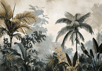 Watercolor pattern wallpaper. Painting of a jungle landscape. © Simon
