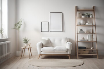 Wooden ladder shelf and white armchair in scandinavian interior design of modern living room 