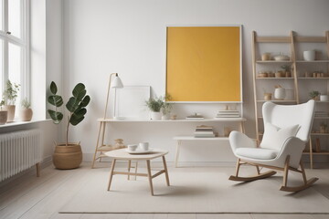Wooden ladder shelf and white armchair in scandinavian interior design of modern living room 
