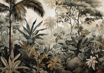 Watercolor pattern wallpaper. Painting of a jungle landscape.