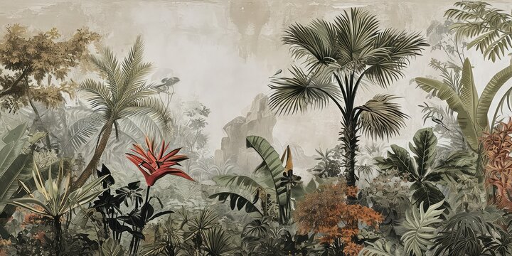 Fototapeta Watercolor pattern wallpaper. Painting of a jungle landscape.