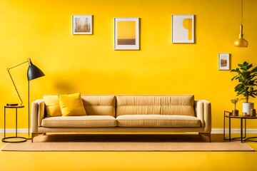 Yellow color wall with photo frames and beautiful sofa with cushion.