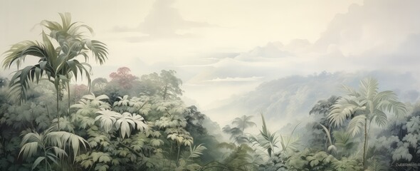 Fototapeta na wymiar Watercolor pattern wallpaper. Painting of a jungle landscape.