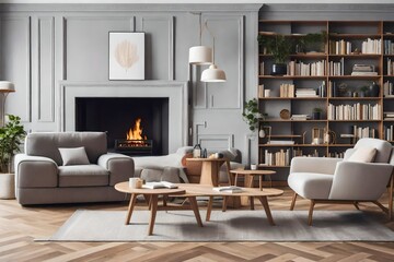 Living room with fireplace table, chairs , sofa and shelves having books. 