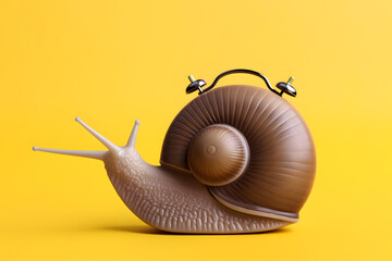 Snail with alarm clock bells on isolated vivid yellow background. Minimal aesthetic creative concept of summer vacation or summer leisure. The idea that time passes slowly. - obrazy, fototapety, plakaty