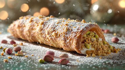 An illustration of a festive pistachio-filled cannoli, adorned with crushed nuts and powdered sugar. - obrazy, fototapety, plakaty