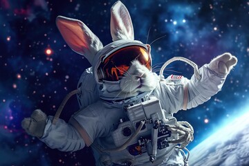 Cool Easter bunny as an astronaut in space.