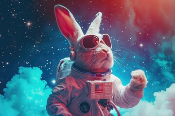 Cool Easter bunny as an astronaut in space.