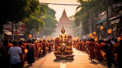 A solemn procession of monks in saffron robes carrying a golden Buddha statue through a street adorned with orange lanterns, capturing the spirit of a sacred festival in Southeast Asia.
