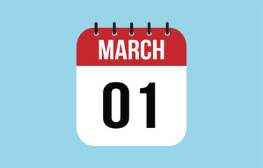 1 March Calendar. March Calendar Vector Illustration.