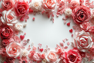 frame made of pink roses and hearts in paper craft style