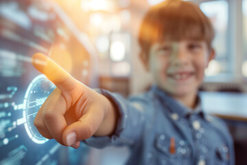 A child boy or schoolboy standing in a classroom. Hand pointing at holographic screen smile happily. Technology of future in education and learning. Imagination, creativity. Close up hand. Soft Focus.