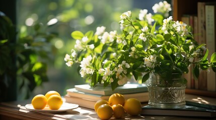 Still life with lemons and jasmine flowers