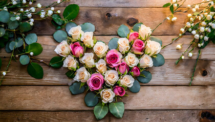 heart-shaped roses on a wooden table with ample copy space, symbolizing the beauty of love and romance