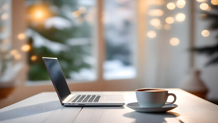 photo of a cup of coffee and laptop on a work desk