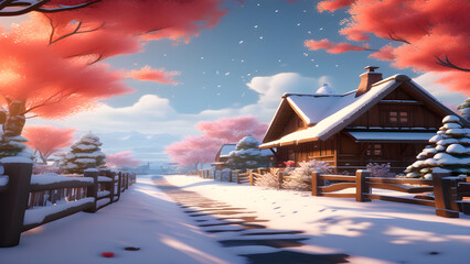 illustration of an ancient Japanese house in a village on winter - obrazy, fototapety, plakaty