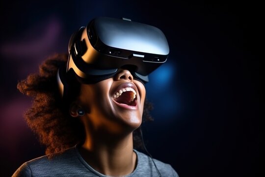 Black Woman Wearing Virtual Reality Headset And Smiling