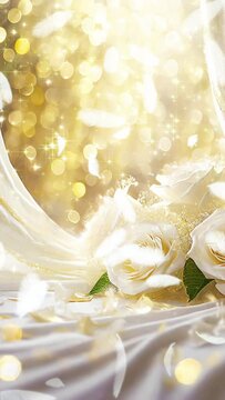 純白の薔薇の花束と羽と金色背景のウエディングイメージのループ動画　縦長ビデオ
