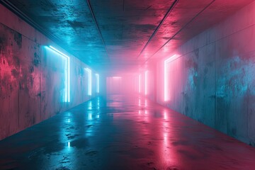 Abandoned empty corridor with concrete walls and columns and fog. Pink and blue neon lights illuminate the building.