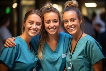 Three female nurses posing for a photo - obrazy, fototapety, plakaty