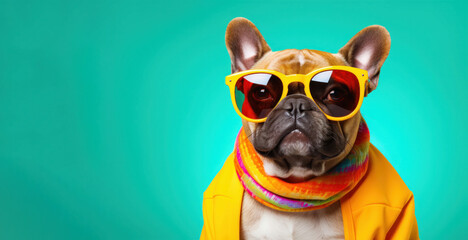 A fashionable French bulldog sports bold yellow sunglasses and a colorful scarf, posing against a vibrant turquoise background, exuding a cool and playful vibe