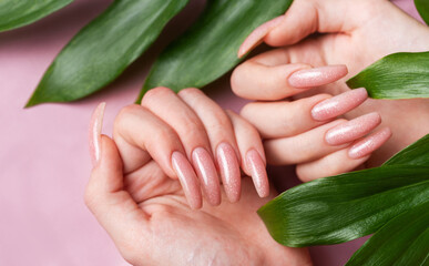 Female hands with pink nail design  hold green leaves