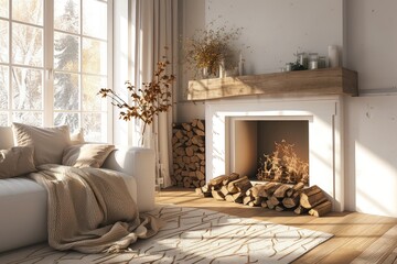 Light living room in Scandinavian style with a fireplace. Modern interior.