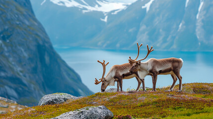 Reindeer grazing in wildflower meadow with majestic Norwegian mountains and fjord in the background.	