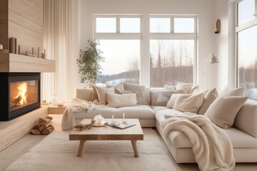 Fototapeta premium Light living room in Scandinavian style with a fireplace. Modern interior.