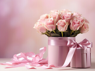  A gift with a bouquet of tender roses.  Pastel background.