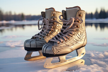 A pair of ice skates laced up, poised on a frozen pond, symbolizing the simple pleasures of winter and holiday activities. Generative Ai.