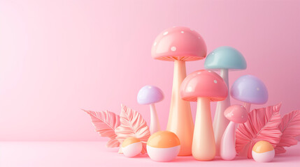 Colourful 3D mushrooms with leaves on pink background. Magical fantasy forest. Mushrooms in pastel colours. Summer banner backdrop.
