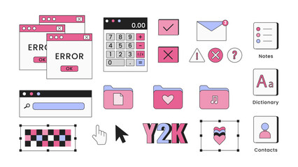 Nostalgic retro operating system illustrations. Retro Y2K elements for design. Old computer aestethic elements. 